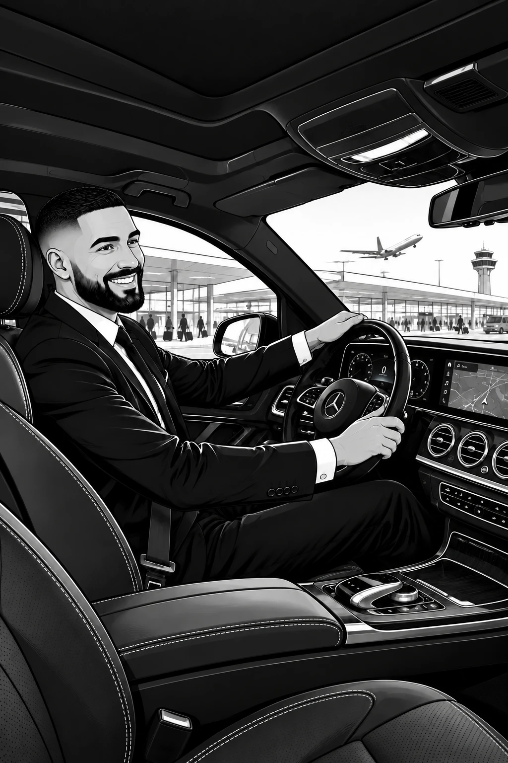 Smiling driver at the wheel, on the way from the airport